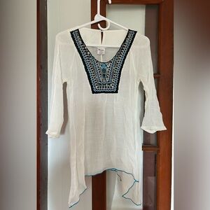 Wrangler White Tunic Top with Blue Embroidery and Metallic Beading